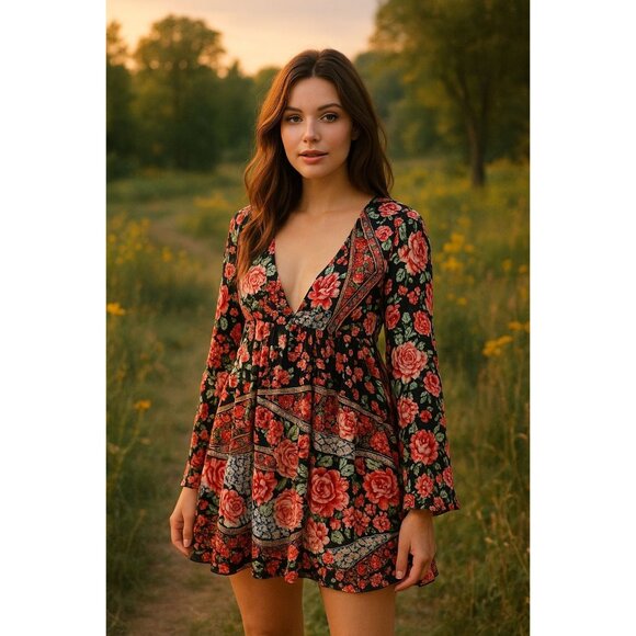 Jaase Woman Babydoll Boho Chic Mini Dress XS Festival Cottagecore Artisanal Core - Picture 13 of 13